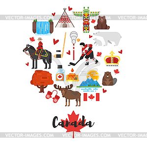 Flat style set of Canadian national cultural symbols - vector clip art