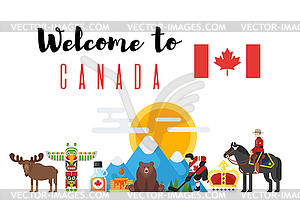 Flat style set of Canadian national cultural symbols - vector clipart