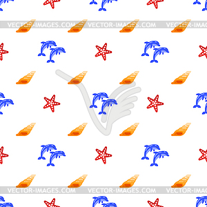 Seamless pattern with dolphins, sea shells and - vector clipart