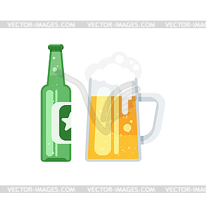Бутылка пива плоского стиля и стакан пива - клипарт в векторном формате