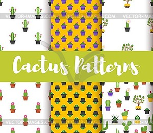 Flat style set of patterns with colorful cactus - vector image