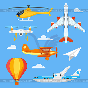 Плоский набор стиль красочного воздушного транспорта - клипарт в векторе / векторное изображение