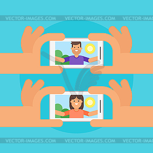 Flat style happy man and woman taking selfie - vector clip art