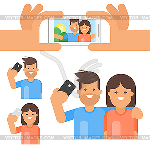 Flat style set of happy man and woman taking selfie - vector clipart / vector image