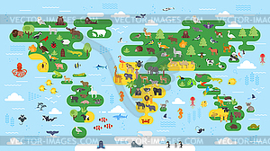 Плоский стиль большая карта абстрактный мир с животными - клипарт в векторе / векторное изображение
