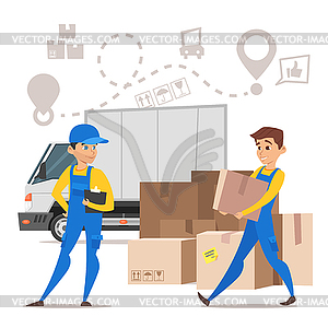 Loaders movers man carrying cardboard boxes. Concep - stock vector clipart