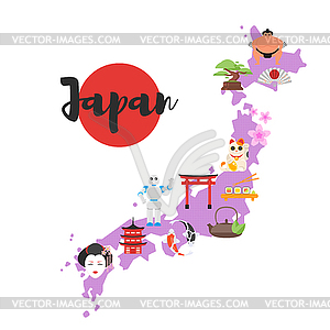 Japan Map With Japanese National Cultural Symbols Vector Clipart