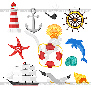 Cartoon style set of sea objects. Icon for web - vector clip art