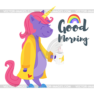 Cartoon style happy unicorn drinking tea in - vector clipart