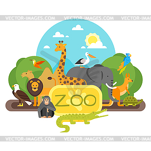 Животные, стоящие у входа в зоопарк - векторное графическое изображение