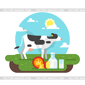 Cow graze in field and dairy products - vector clipart