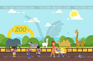 Kids are visiting zoo - vector image