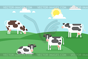 Cows graze in field - vector image