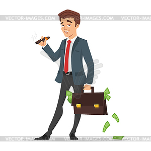 Successful businessman holding case full of money - vector image