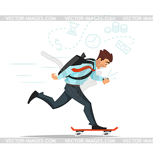 Businessman on skateboard hurrying to office - stock vector clipart