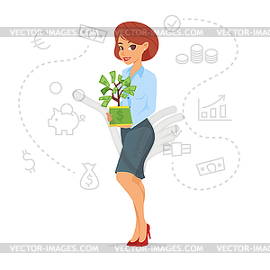 Pretty businesswoman holding money tree - vector image