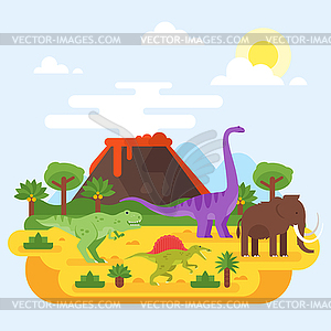 Prehistoric landscape mountains and volcano with - vector clipart