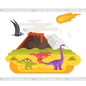 Prehistoric landscape mountains and volcano with - vector clip art