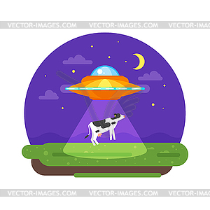 Alien ship truing to abduct cow at night - vector clip art