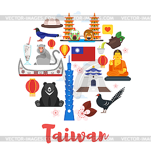 Circle shape composition of Taiwan cultural symbols - vector image