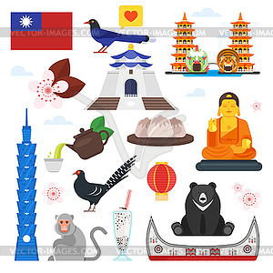 Flat style composition of Taiwan cultural symbols - vector EPS clipart