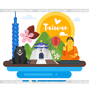 Flat style composition of Taiwan cultural symbols - vector clipart