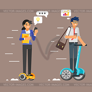 Business characters on hoverboard - vector clip art