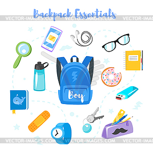 Backpack essentials - color vector clipart