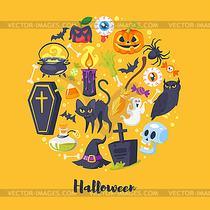 Round composition of Halloween symbols - vector image