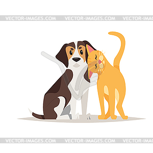 Cat and beagle dog friendship - vector image
