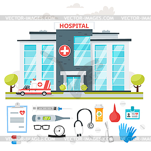 Hospital building with ambulance car - vector clipart