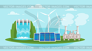 Wind mills and solar panels - vector image