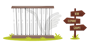 Zoo cage with wooden signpost - vector clip art
