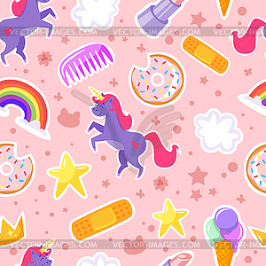 Seamless pattern with unicorn, stars - vector image