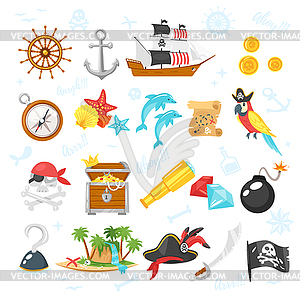 Set of pirate adventure icons - vector clipart