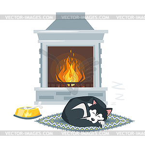 Fireplace and cute husky dog - vector clipart