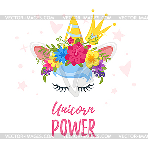 Unicorn head with flower wreath - vector clip art