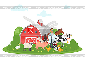 Veterinarian surrounded by farm animals - vector clipart
