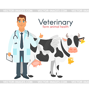 Ветеринарный врач с коровой - векторный клипарт / векторное изображение