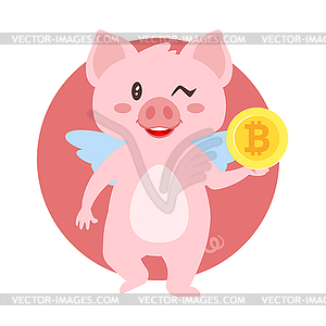 Подмигивающая свинья, держащая биткойн - клипарт в векторе / векторное изображение
