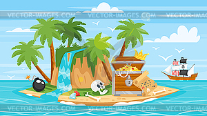 Pirate ship, islan, treasure chest - vector clipart