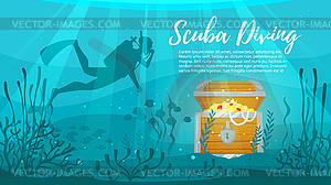 Scuba Diver explores treasure chest - vector image