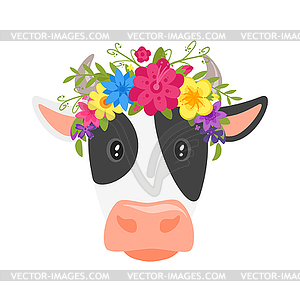 Cow head with floral wreath - royalty-free vector clipart