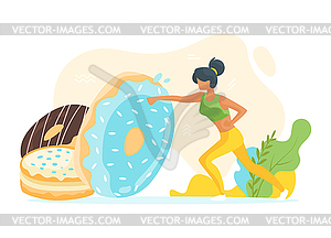 Woman beats unhealthy doughnuts - vector image