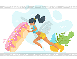 Woman flipping big doughnut - vector clipart