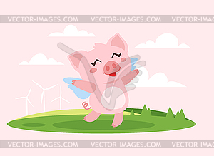 Cute pink flying pig with wings - vector clip art