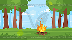 Background with forest, camp fire - vector image