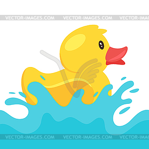 Yellow rubber duck splashing water - vector clipart