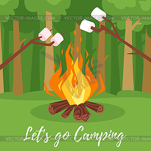 Marshmallows on stick roasting - vector clipart