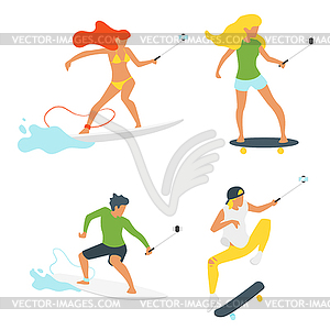 Skateboarders and surfers selfie - vector image